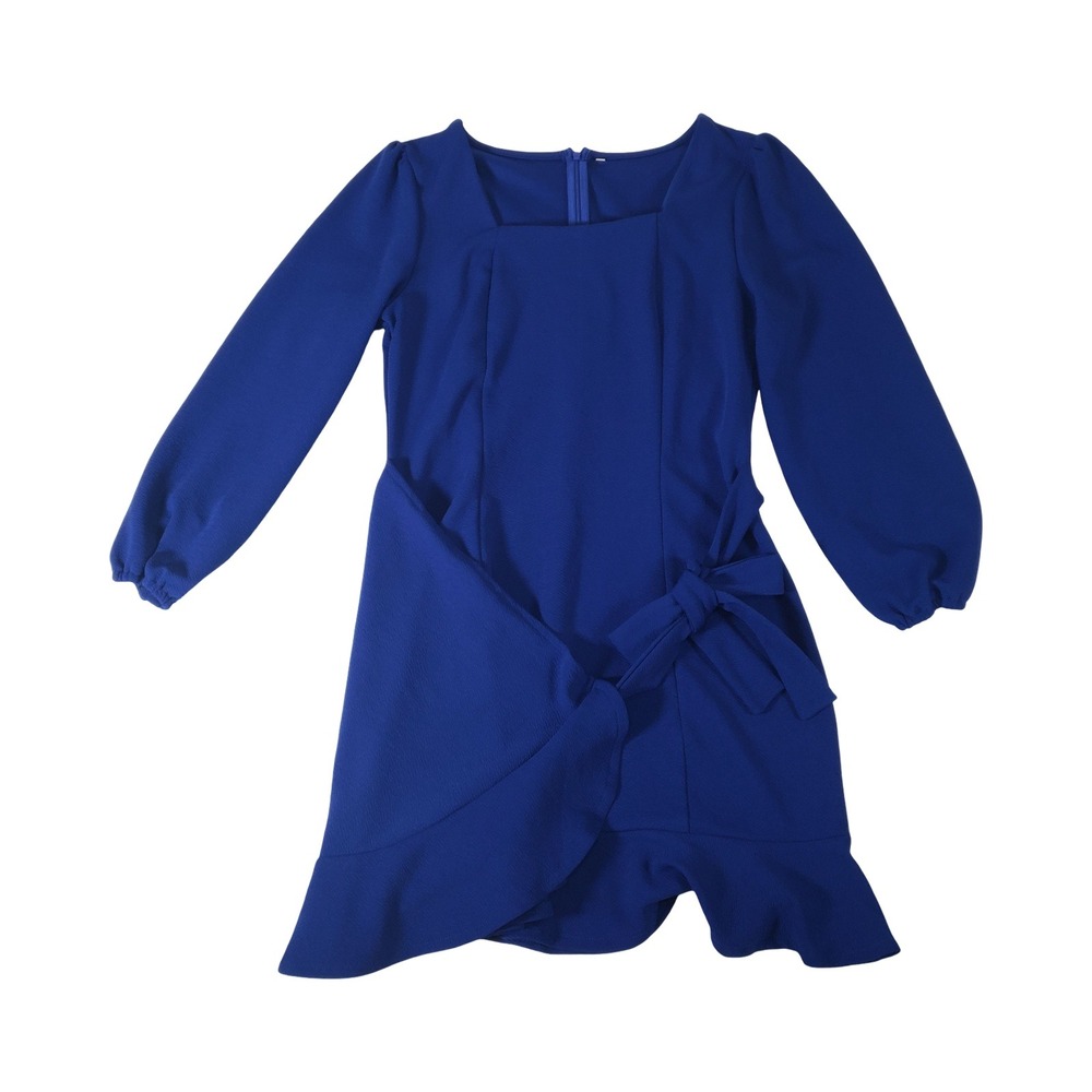 Royal Blue Square Neck Puff Sleeve Ruffle Faux Wrap Mini Dress Large